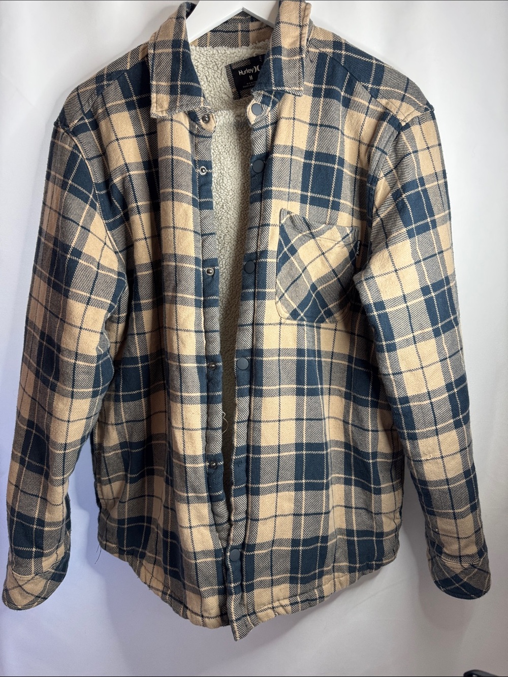 Hurley Navy & Cream Plaid Sherpa-Lined Shirt Jacket